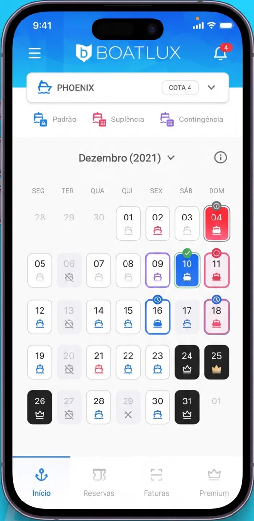 App BOATLUX®: calendário do mês com as datas livres e reservadas da cota