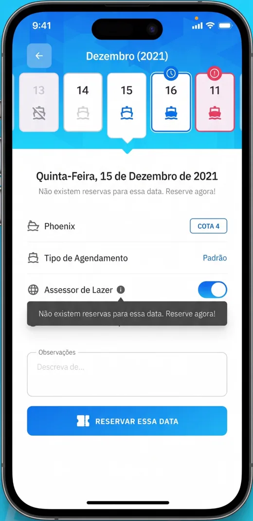 App BOATLUX®: tela para reservar uma data escolhida no calendário