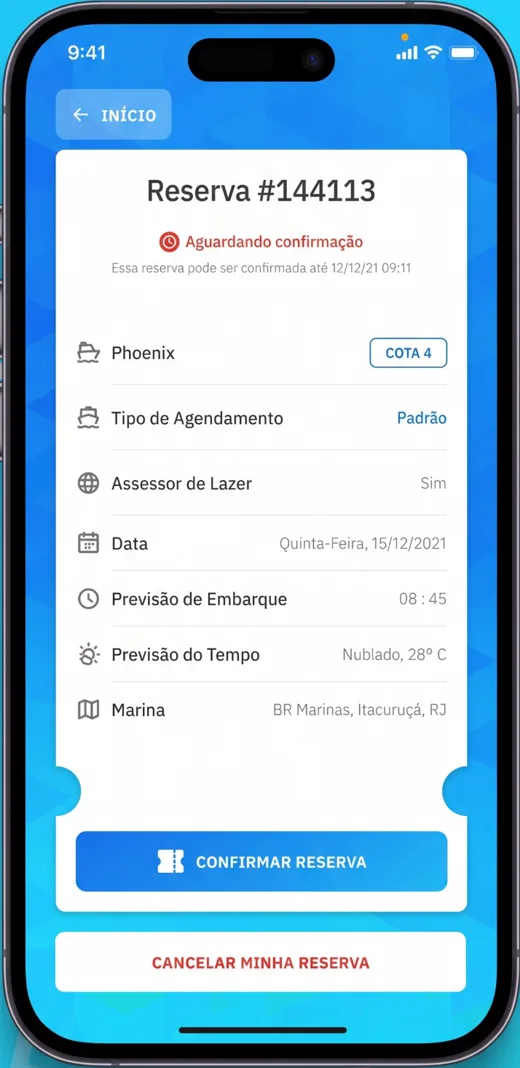 App BOATLUX®: detalhes da reserva com data, horário de embarque, previsão do tempo e marina