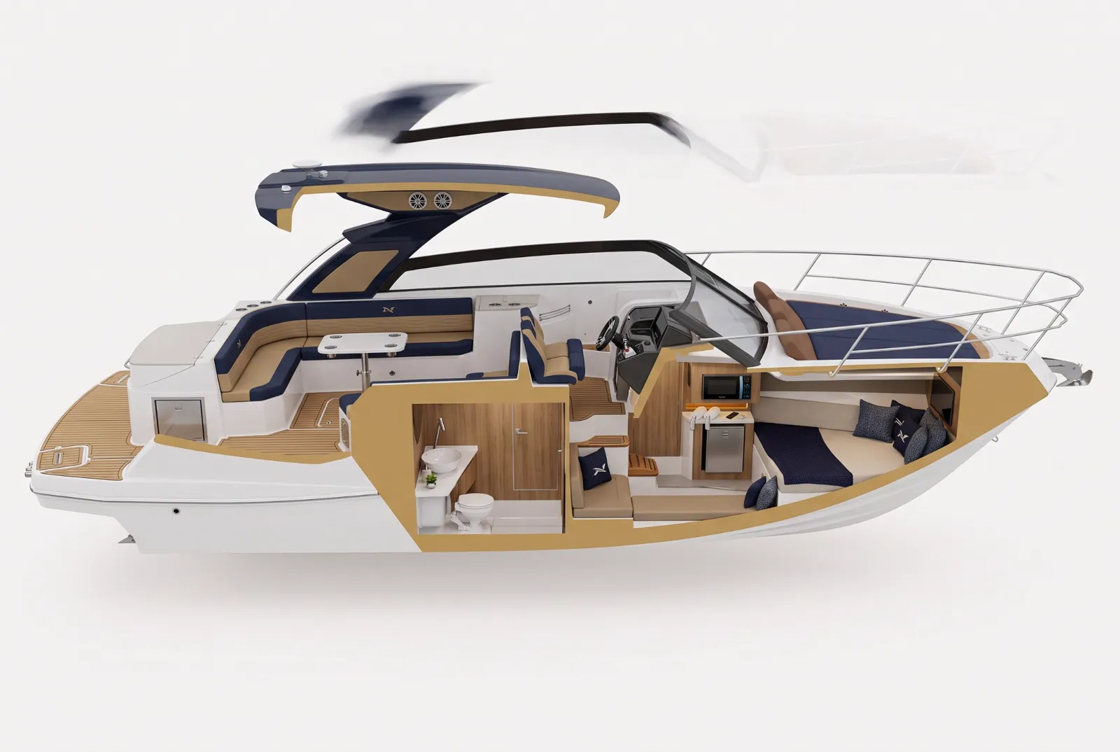 Render em corte lateral da NX 310 Impact mostrando cockpit, banheiro, cabine para pernoite e solário de proa