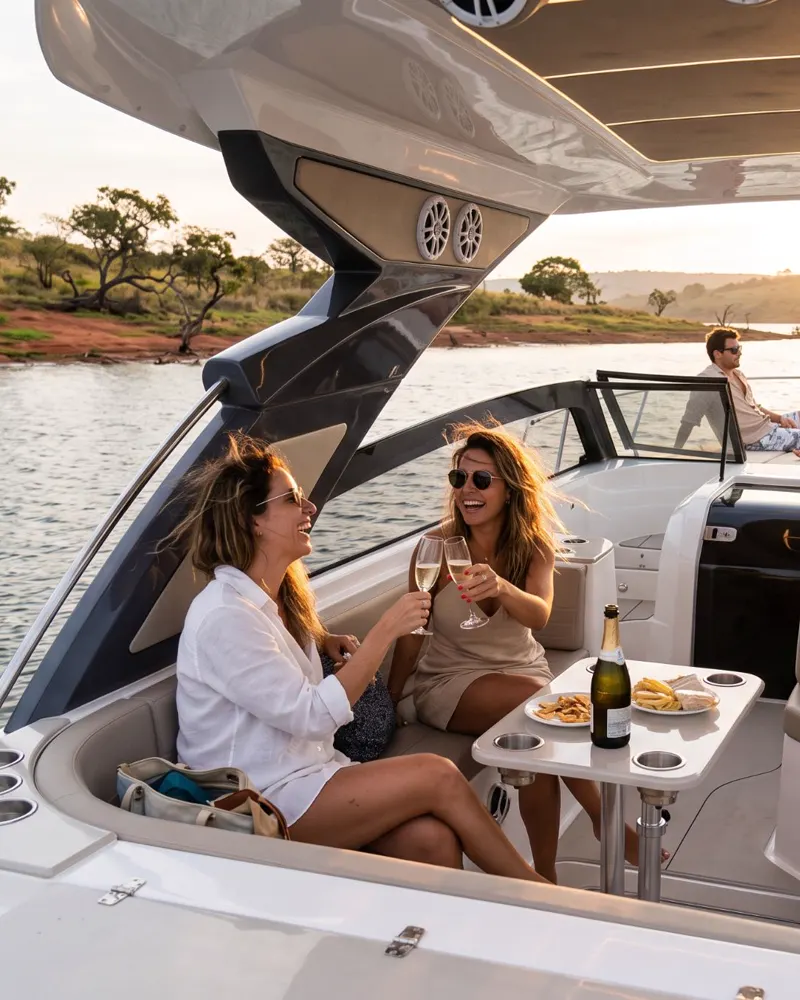 Amigos comemorando um aniversário a bordo da lancha no lago